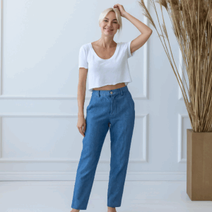 Ženske hlače 1383 100% lan, DENIM MELANGE L