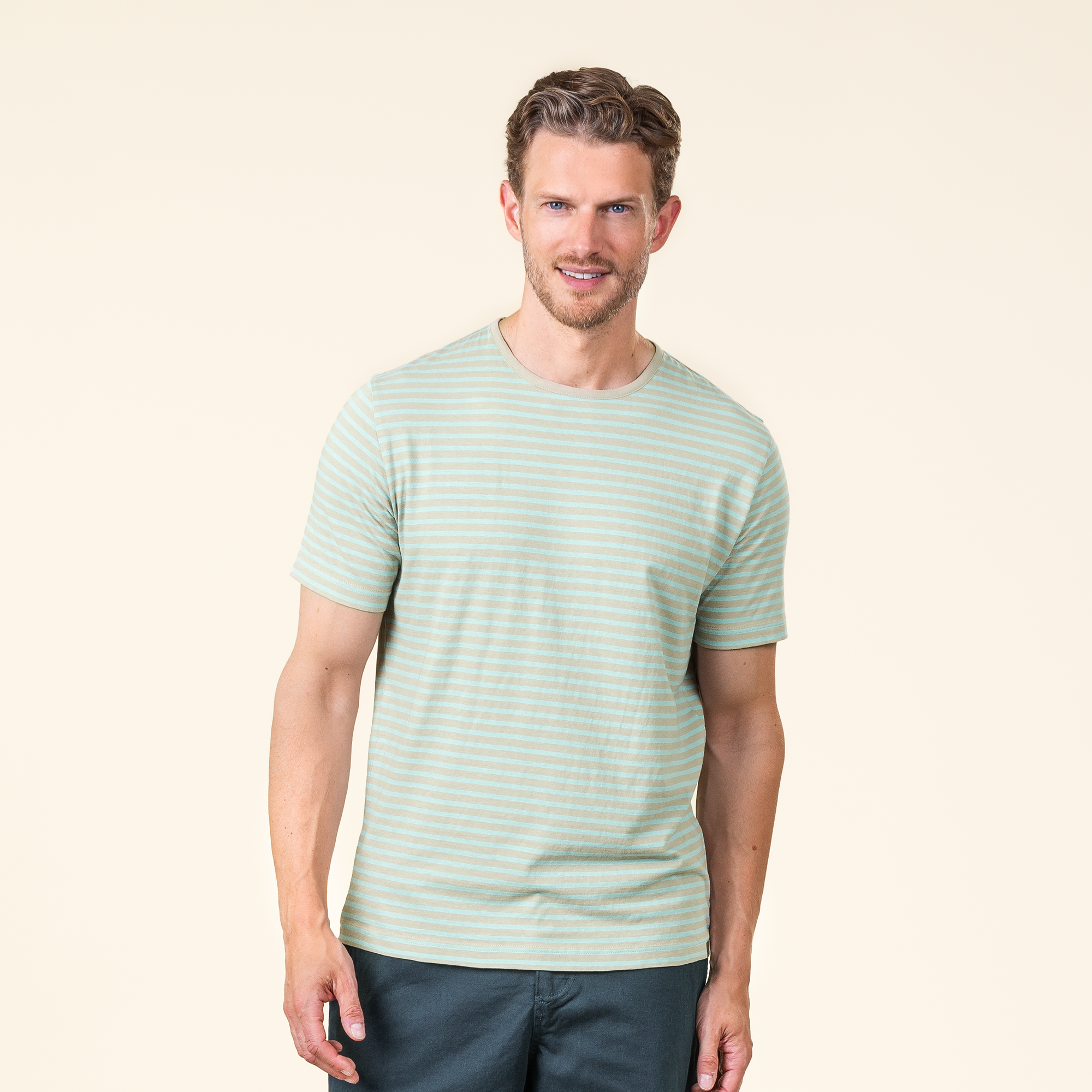 Moška majica KR eko bombaž, lan ZELENA črtasta M Moška majica KR eko bombaž, lan ZELENA črtasta M