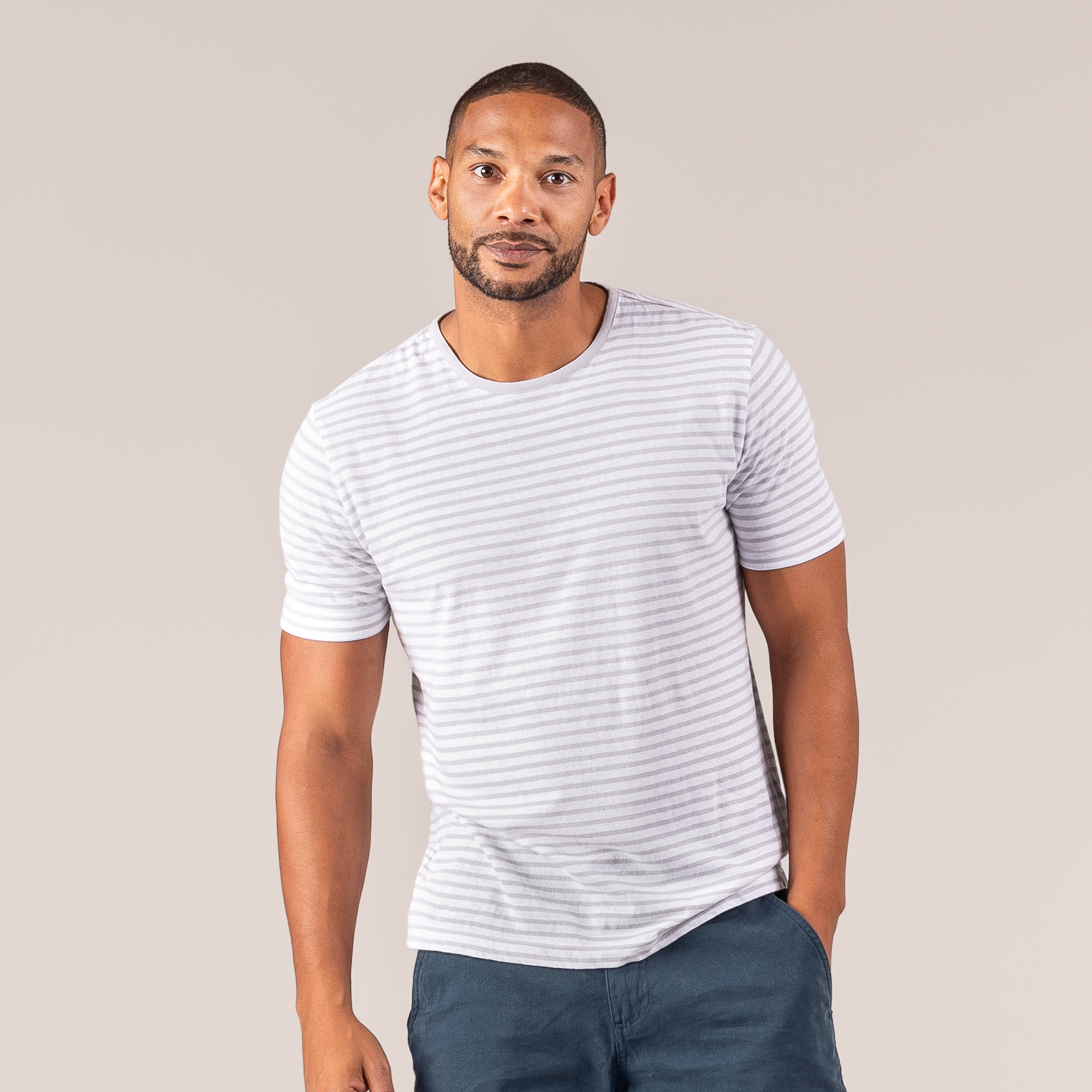 Moška majica KR eko bombaž, lan BELA črtasta L