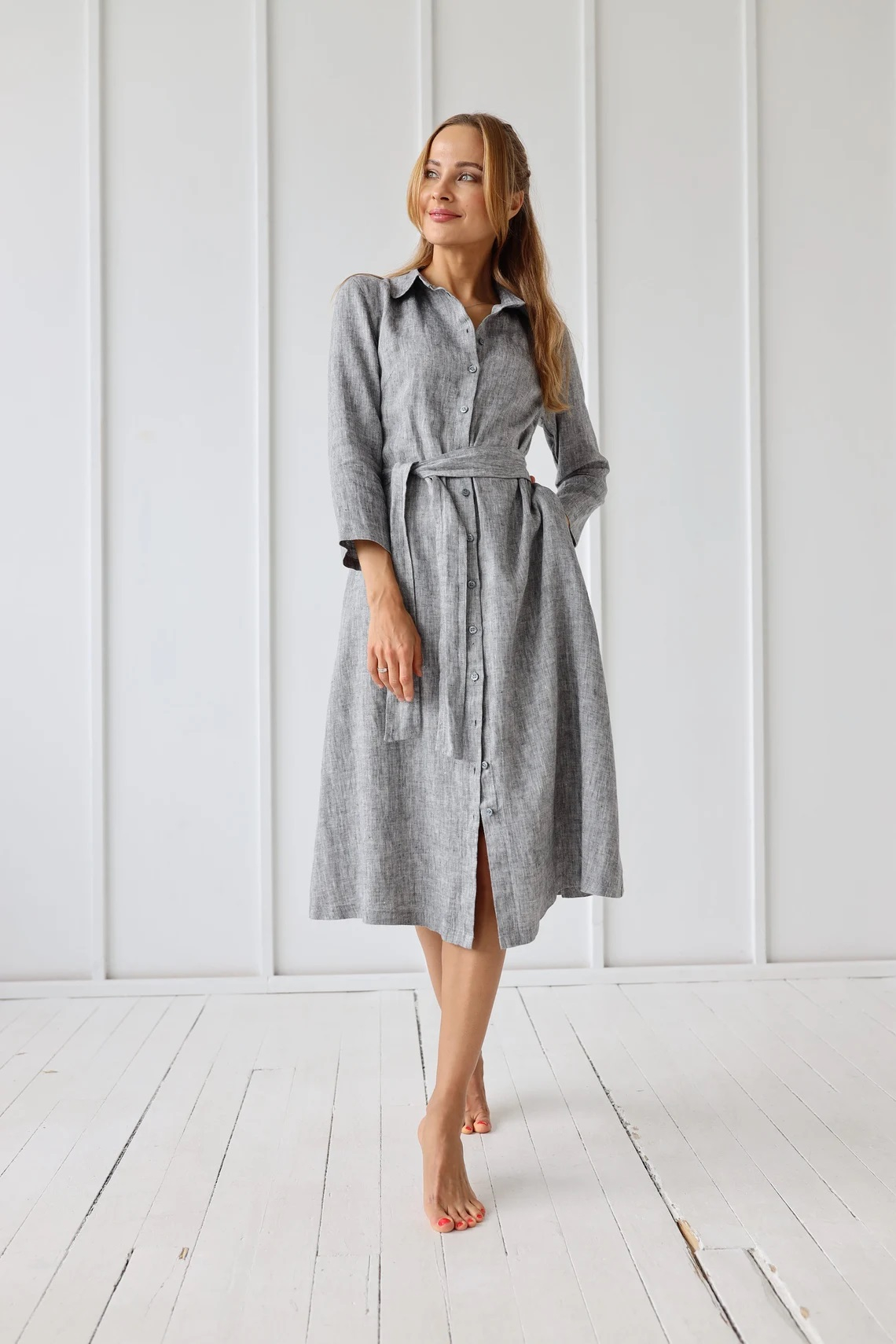 Obleka 1260, 100% lan, grey melange M Obleka 1260, 100% lan, grey melange M