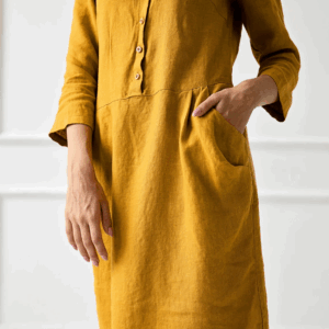 Obleka 1230, 100% lan, mustard XS Obleka 1230, 100% lan, mustard XS