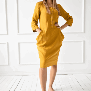 Obleka 1230, 100% lan, mustard XS Obleka 1230, 100% lan, mustard XS