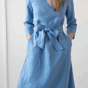 Obleka 3/4 rokav s pasom 1252, 100% lan Obleka 3/4 rokav s pasom 1252, 100% lan