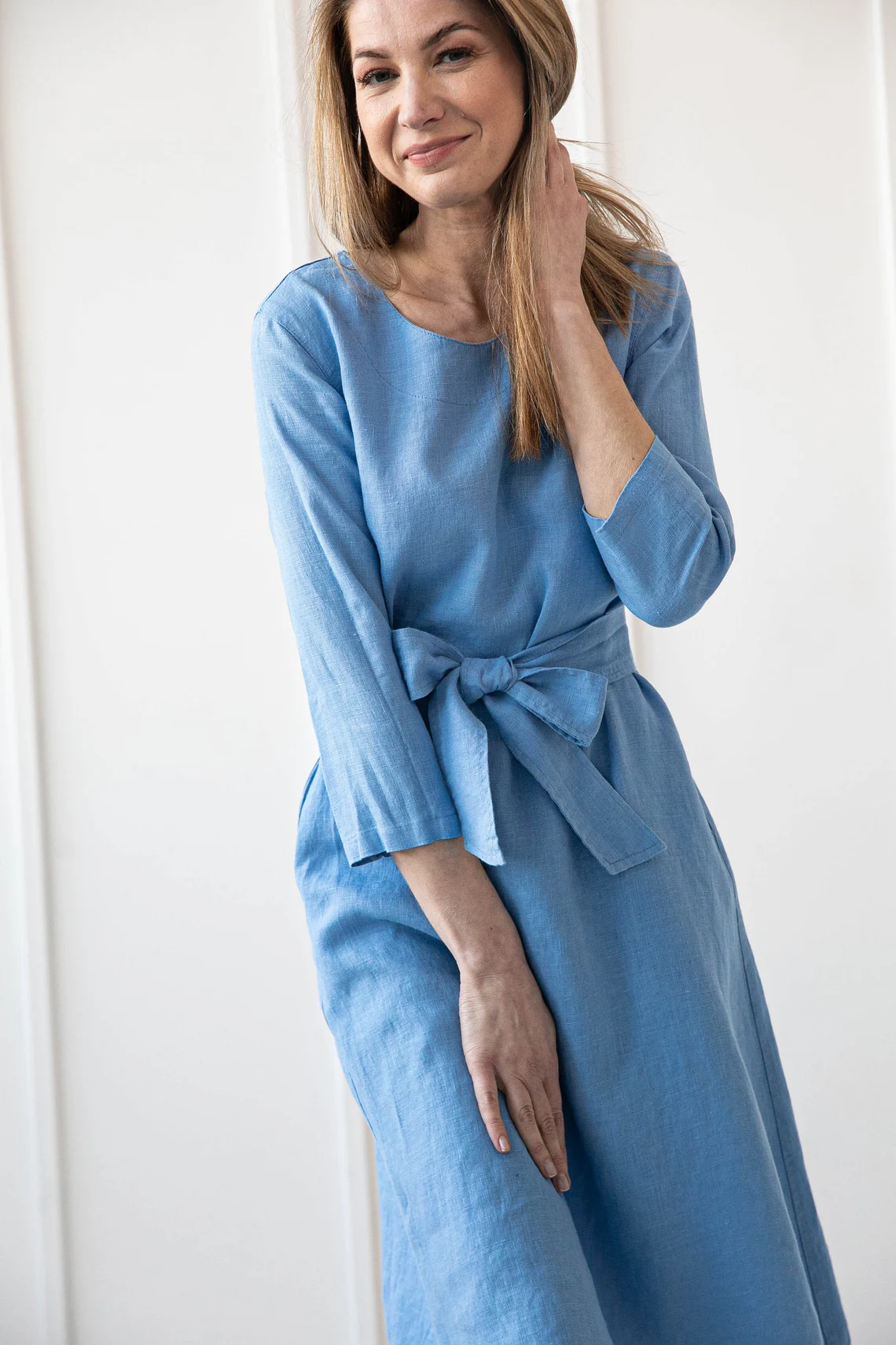 Obleka 3/4 rokav s pasom 1252, 100% lan Obleka 3/4 rokav s pasom 1252, 100% lan