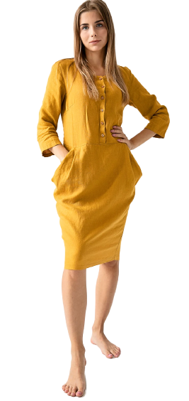 Obleka 1230, 100% lan, mustard XS Obleka 1230, 100% lan, mustard XS