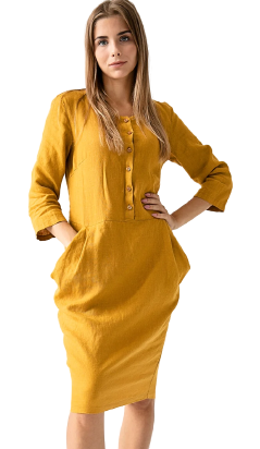 Obleka 1230, 100% lan, mustard XS Obleka 1230, 100% lan, mustard XS