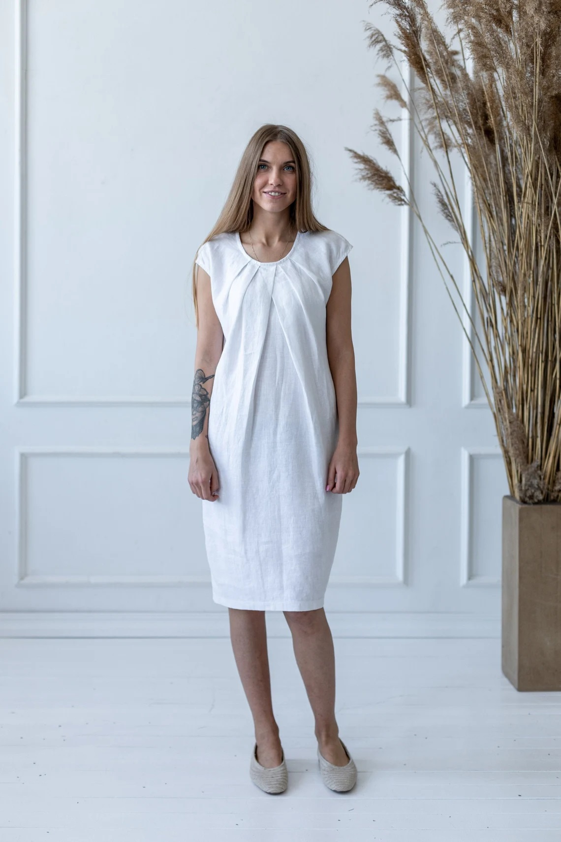 Obleka ženska 1277 100% lan, BELA M Obleka ženska 1277 100% lan, BELA M