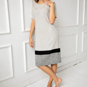 Obleka ženska 1223 100% lan, BEIGE GREY L Obleka ženska 1223 100% lan, BEIGE GREY L