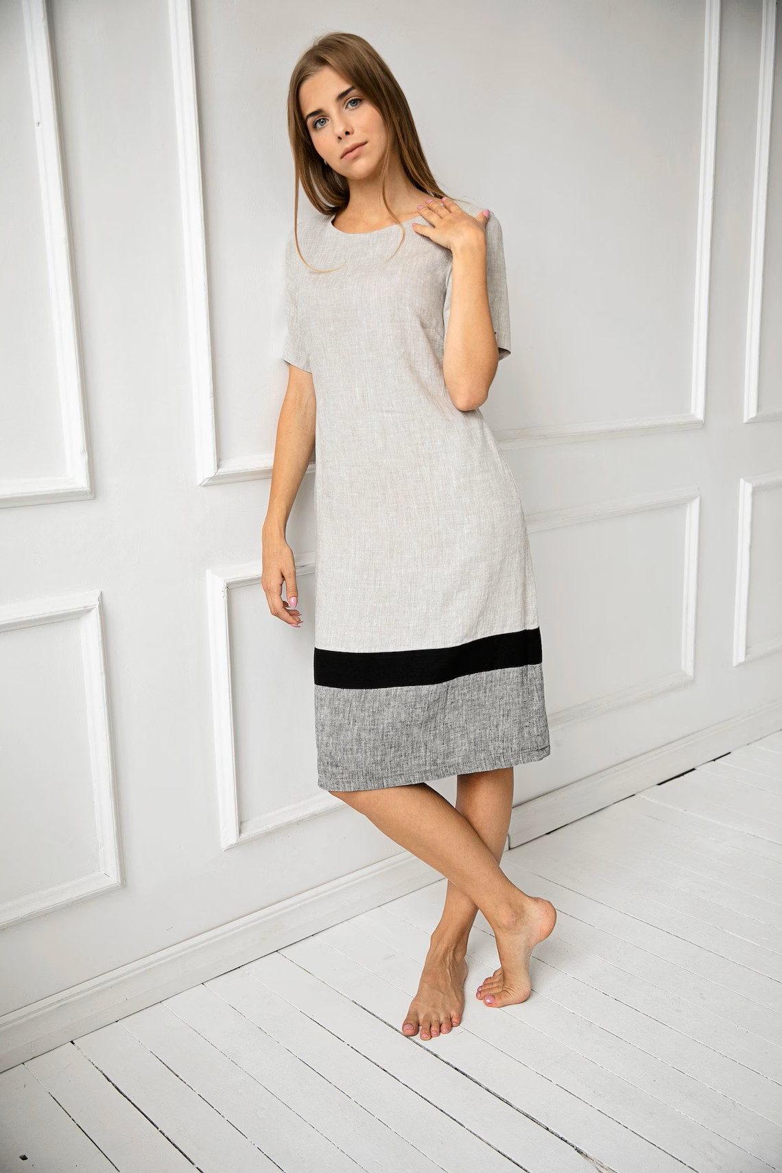 Obleka ženska 1223 100% lan, BEIGE GREY L Obleka ženska 1223 100% lan, BEIGE GREY L