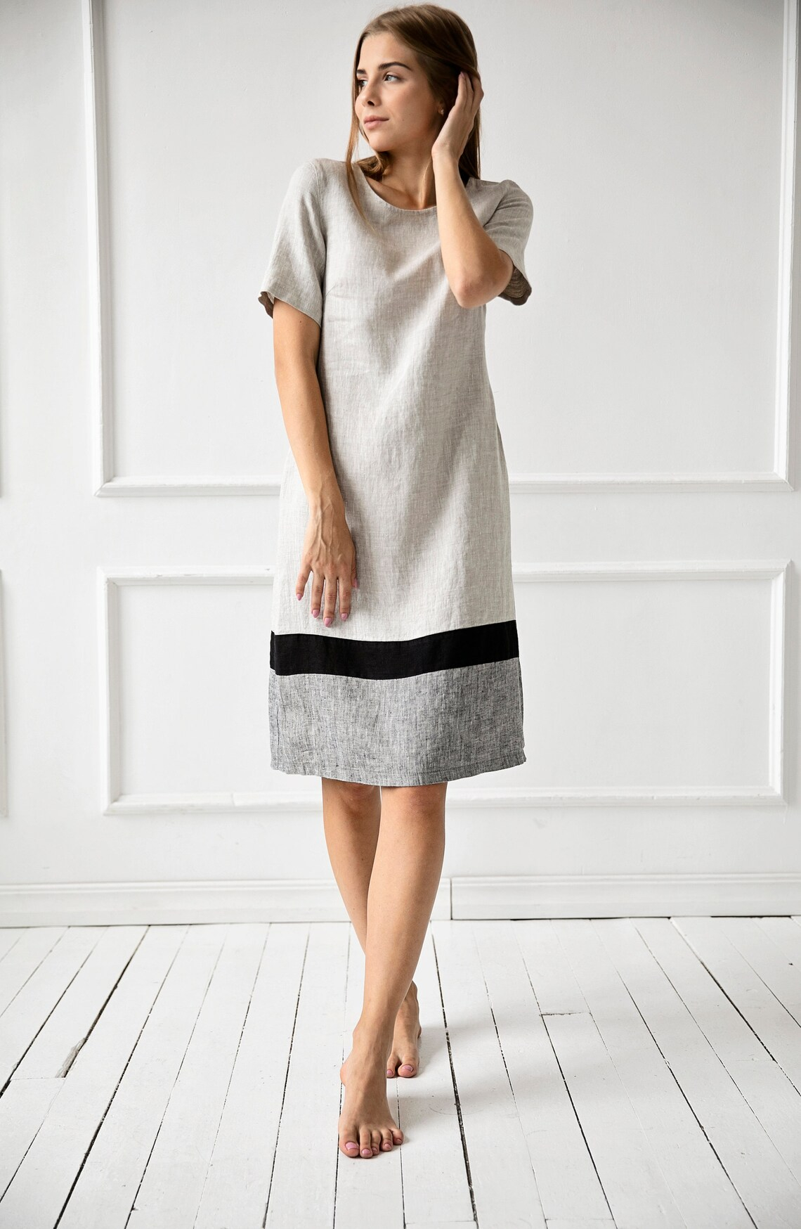 Obleka ženska 1223 100% lan, BEIGE GREY L Obleka ženska 1223 100% lan, BEIGE GREY L