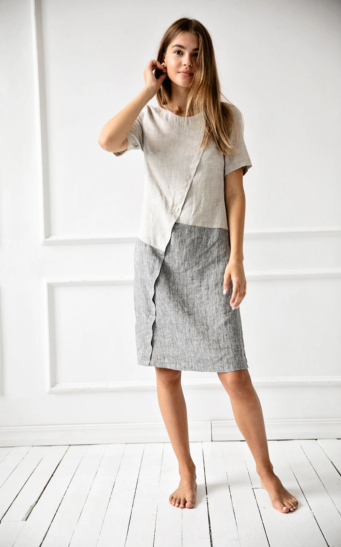 Obleka 1235 100% lan, BEIGE/GREY M Obleka 1235 100% lan, BEIGE/GREY M