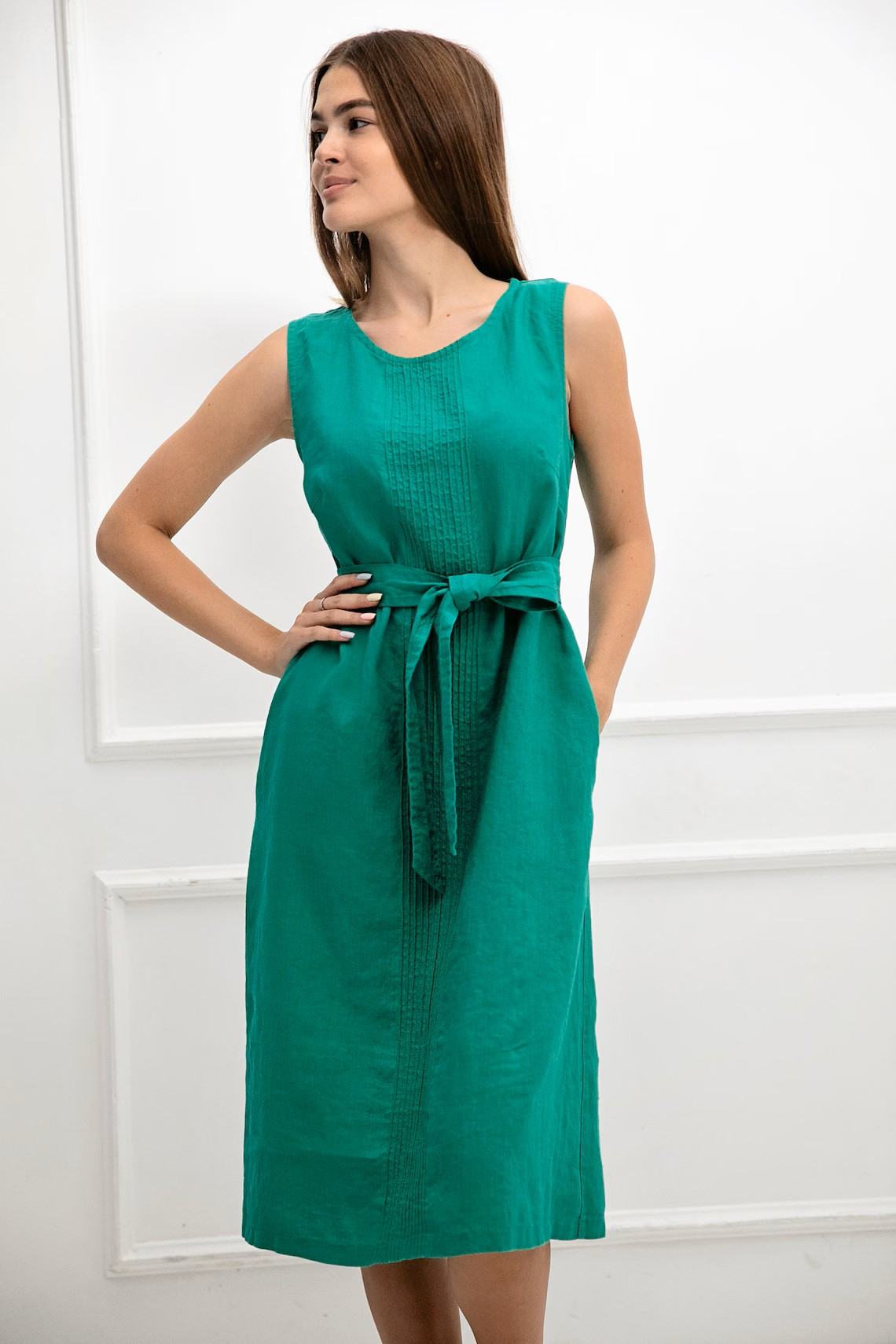 Obleka ženska 1287 100% lan, ZELENA M Obleka ženska 1287 100% lan, ZELENA M