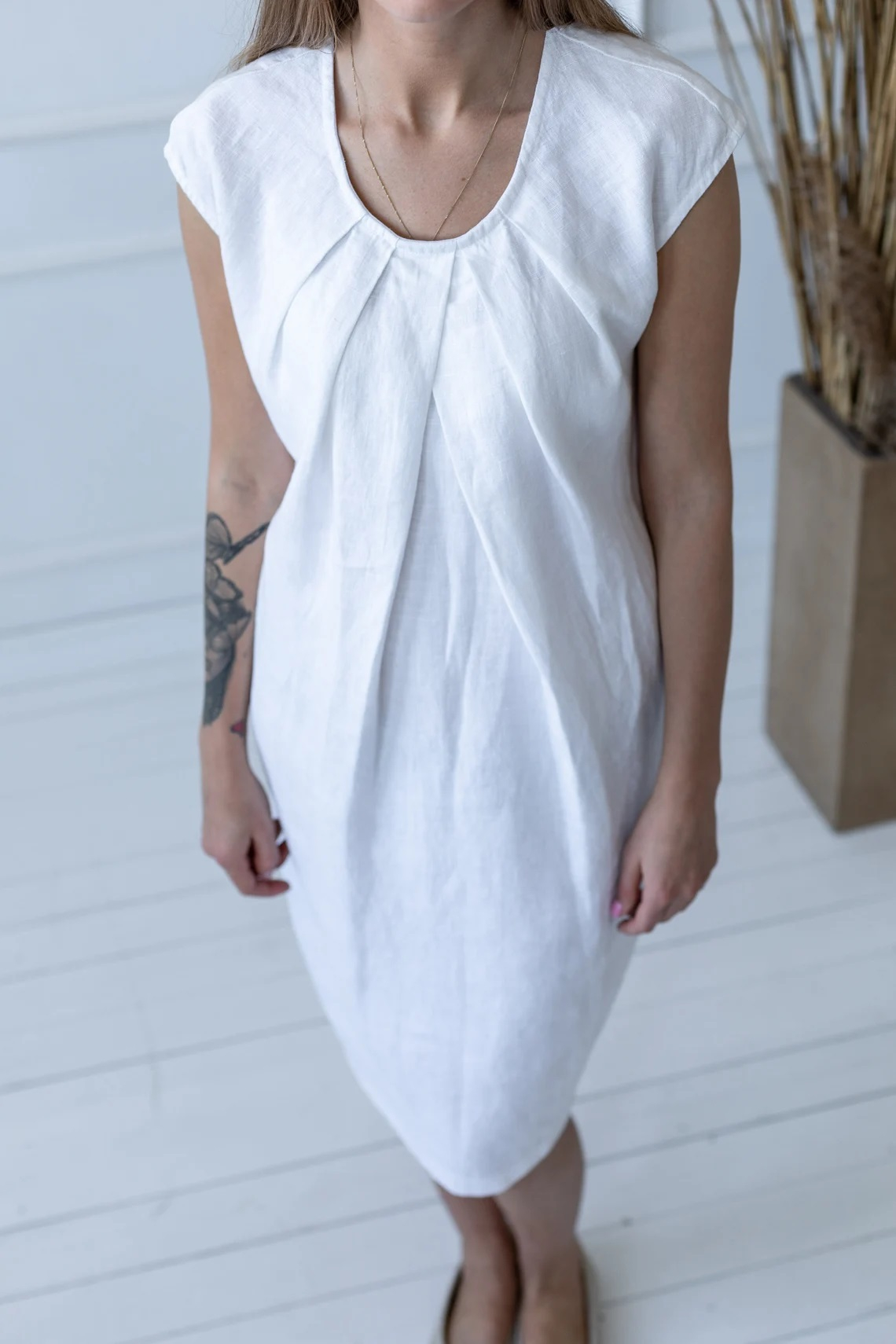 Obleka ženska 1277 100% lan, BELA M Obleka ženska 1277 100% lan, BELA M