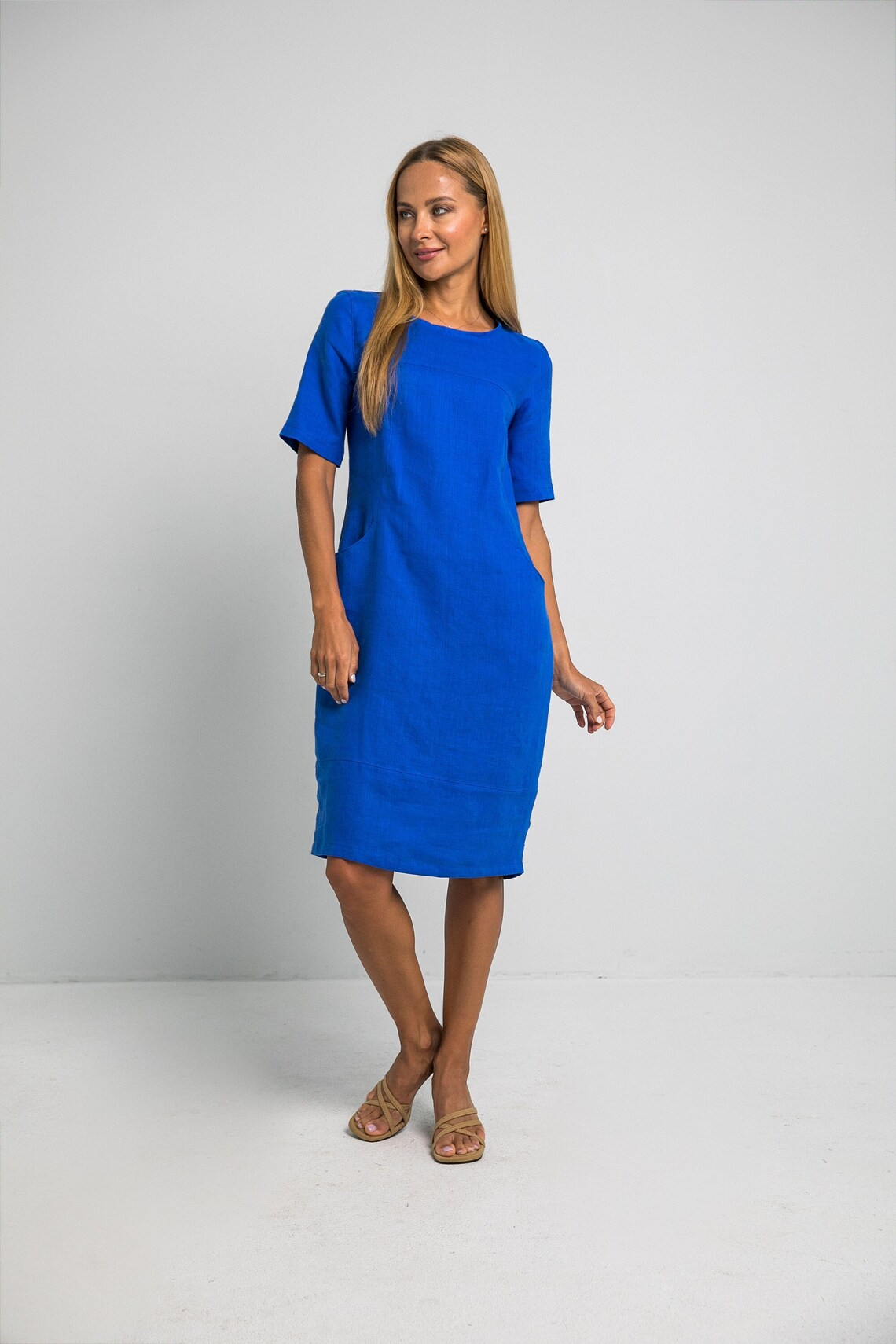 Obleka ženska 1210 100% lan, ROYAL BLUE S,M Obleka ženska 1210 100% lan, ROYAL BLUE S,M