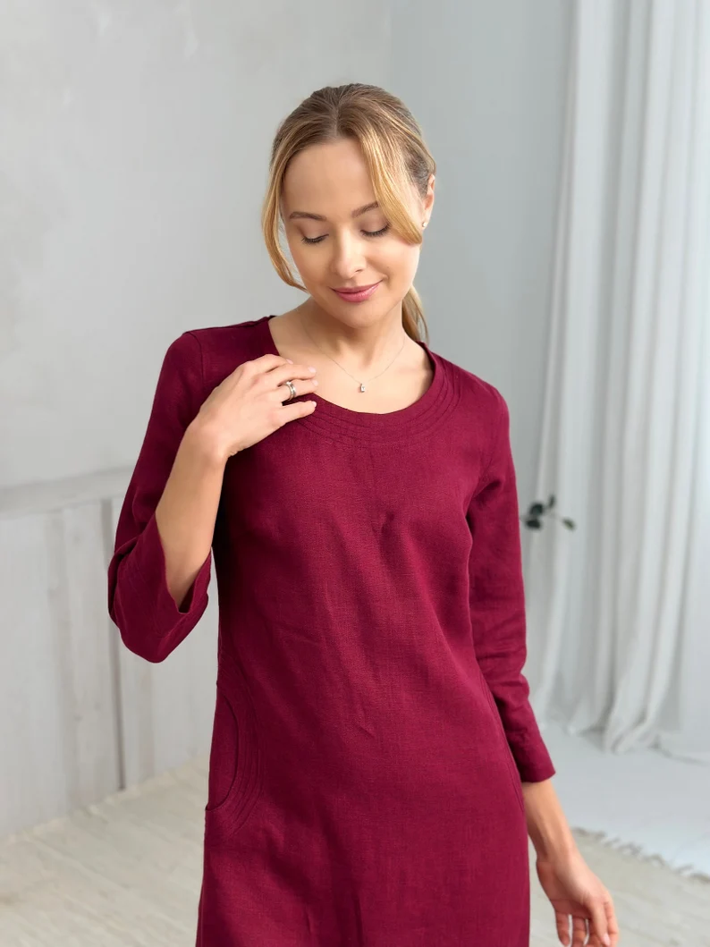 Obleka 1249, 100% lan, temno rdeča, S,M Obleka 1249, 100% lan, temno rdeča, S,M