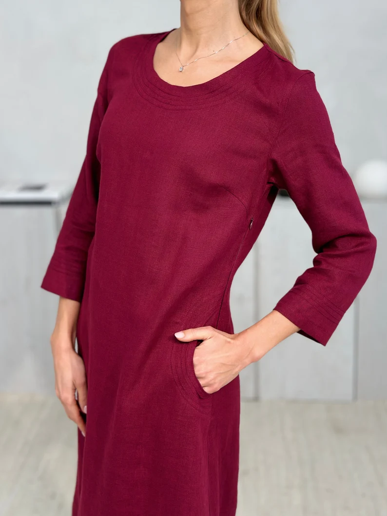 Obleka 1249, 100% lan, temno rdeča, S,M Obleka 1249, 100% lan, temno rdeča, S,M