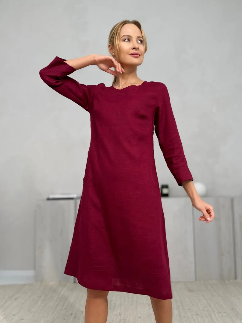 Obleka 1249, 100% lan, temno rdeča, S,M Obleka 1249, 100% lan, temno rdeča, S,M